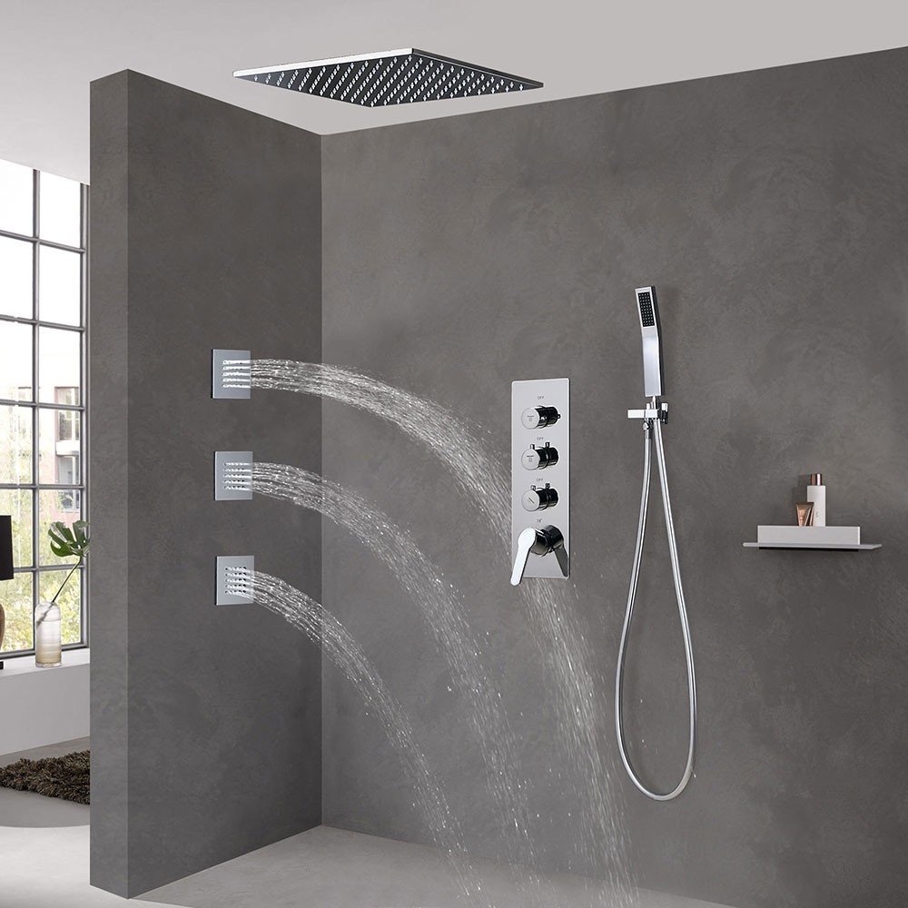 Ceiling Mount LED Rainfall Shower Set With Thermostat Mixer Jet Spray And Handshower